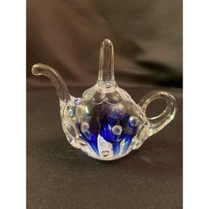 Joe Rice Blown Glass Paperweight Cobalt/Cornflower Blue & Clear Floral Tea Pot